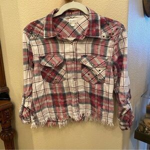 LOVE FIRE Women Plaid Studded Cropped Raw Hem Top Size XS